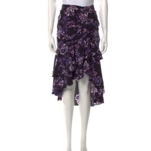 100% silk Veronica Beard high low skirt in stunning black & purple floral print